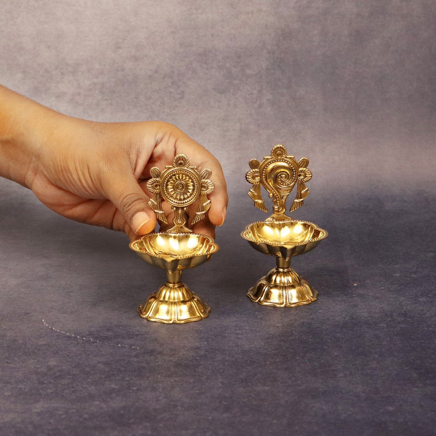 Brass Shanku Chakra Star Diya Set (Pital Conch Chakra Nakshatra Set)