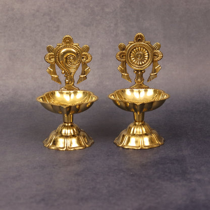 Brass Shanku Chakra Star Diya Set (Pital Conch Chakra Nakshatra Set)