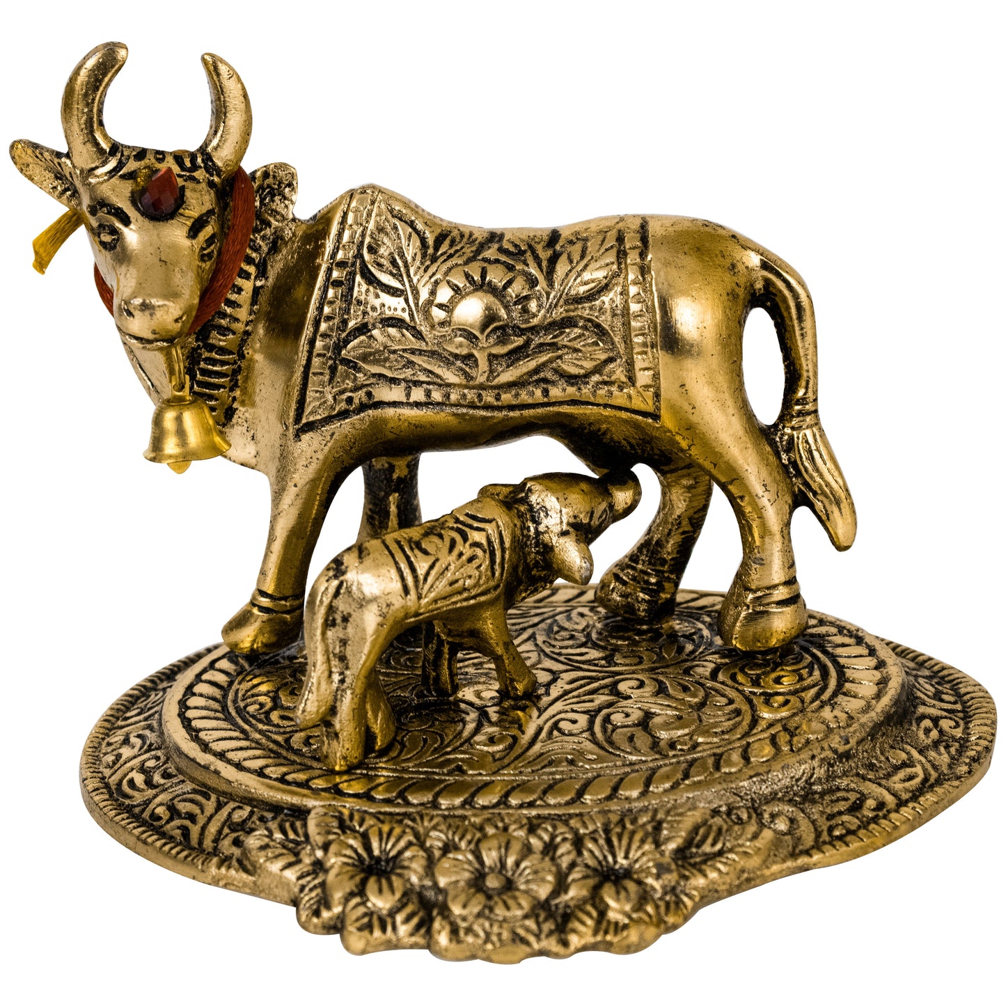 Oxidised Gold Finished Kamadhenu Cow with Calf (Pital Gau Mata / Wish Fulfilling Cow)