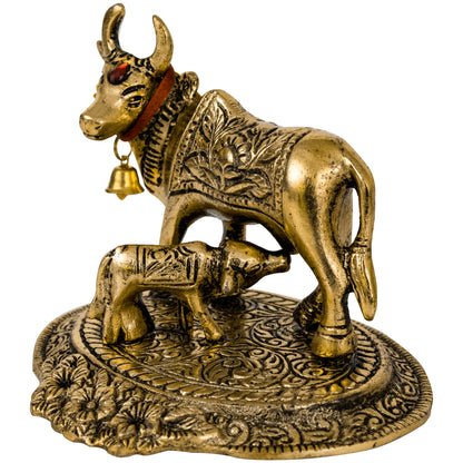 Oxidised Gold Finished Kamadhenu Cow with Calf (Pital Gau Mata / Wish Fulfilling Cow)