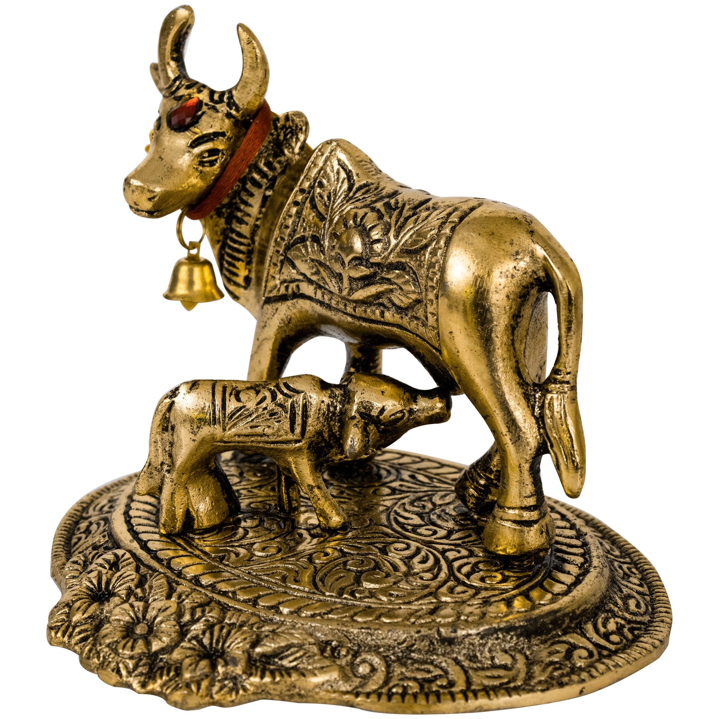 Oxidised Gold Finished Kamadhenu Cow with Calf (Pital Gau Mata / Wish Fulfilling Cow)