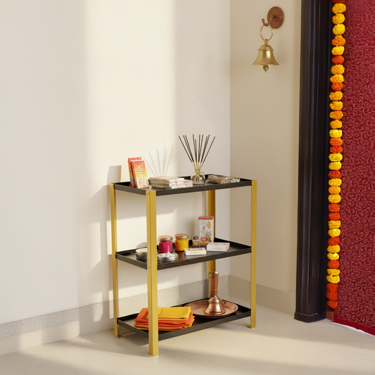 Djuize Pooja Shelf for Home Temple|Elegant Pooja Rack Design with Golden Stem& Black Shelves|Small Puja Shelf|Pooja Stand Design|Pooja Shelf in Living Room|Puja Room Shelves| Pooja Almirah Design-Metal 3 tier Rack shelf Gold stem with black tray