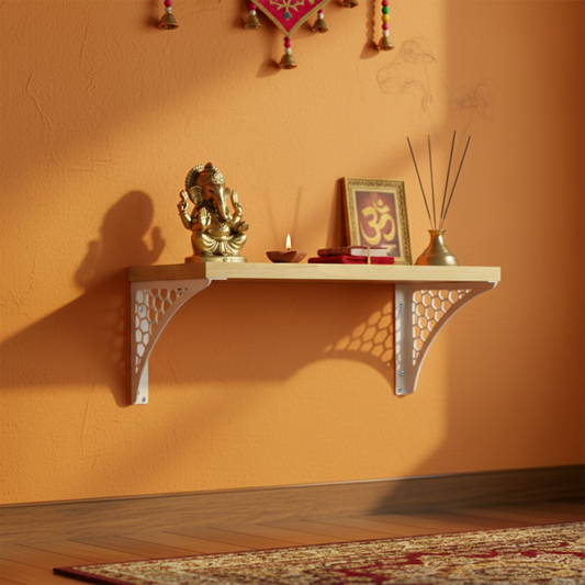 Wooden Pooja Shelf-Hexagon White (Lakdi Puja Shelf Safed)