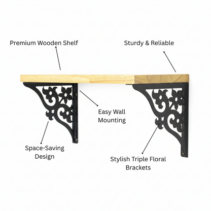 Wooden Pooja Shelf - Triple Floral (Lakdi Puja Shelf Teen Phool)
