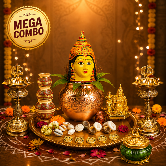 A decorative Durga idol setup with a yellow face seated in a copper pot on a brass tray, surrounded by brass oil lamps, small statues, flowers, stones, and a green pot, with a circular 'MEGA COMBO' badge in the top left.