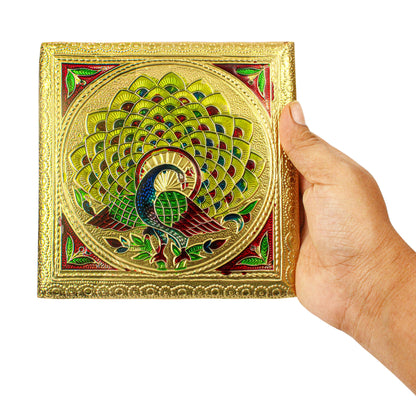 Gold finish Wooden Chowki| Meenakari Peacock Design