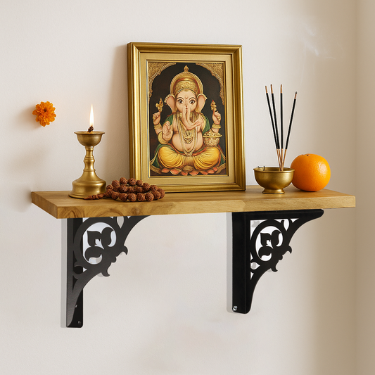 Wooden Pooja Shelf - Single Floral (Lakdi Puja Shelf Phool Design)