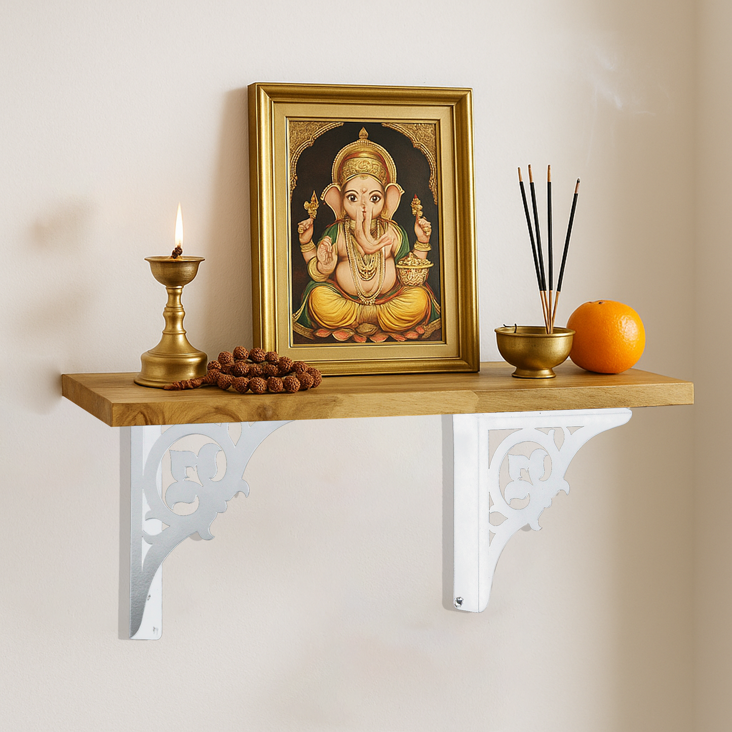 Wooden Pooja Shelf - Single Floral (Lakdi Puja Shelf Phool Design)