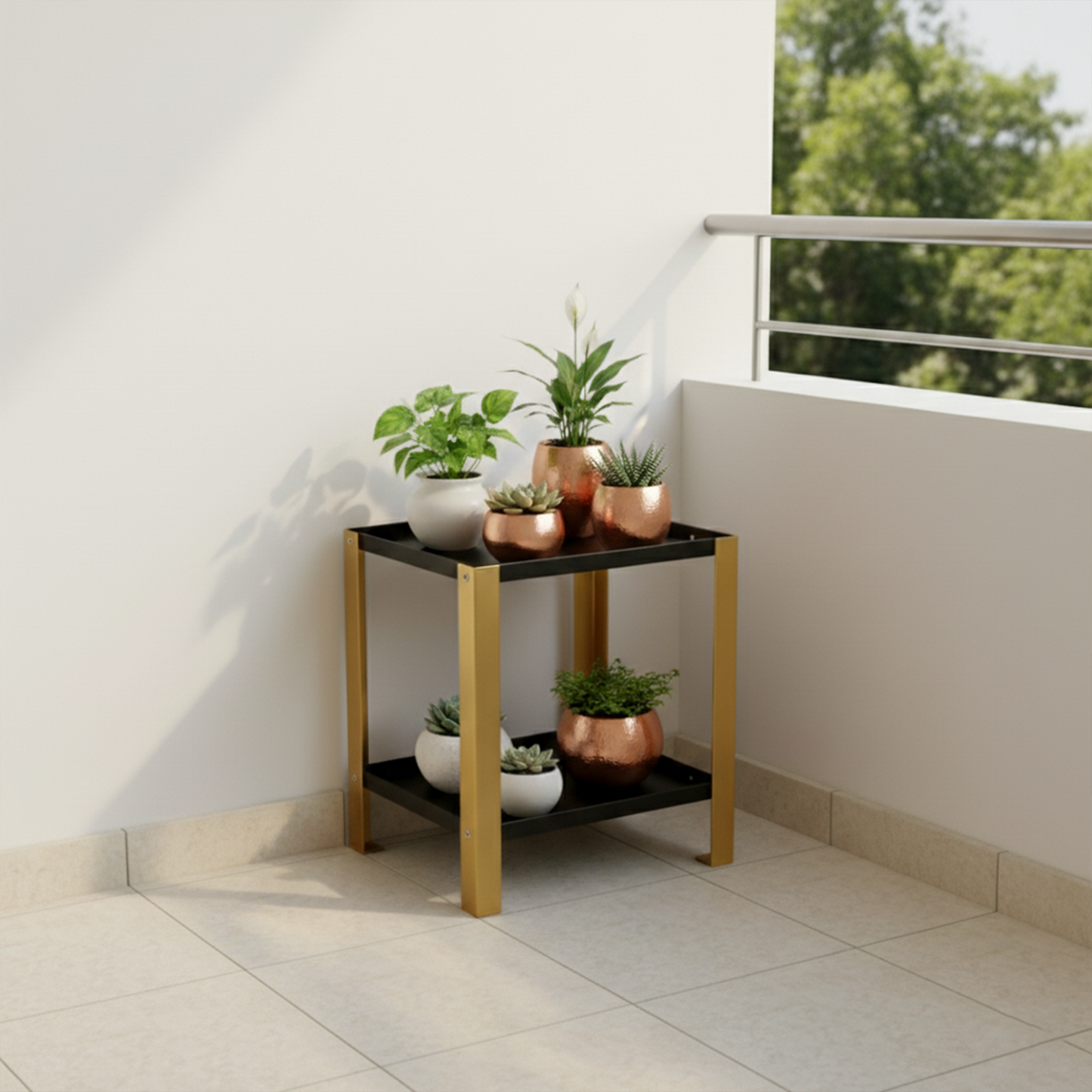 Djuize Pooja Shelf for Home Temple|Elegant Pooja Rack Design with Golden Stem& Black Shelves|Small Puja Shelf|Pooja Stand Design|Pooja Shelf in Living Room|Puja Room Shelves| Pooja Almirah Design-Metal 2 tier Rack shelf Gold stem with black