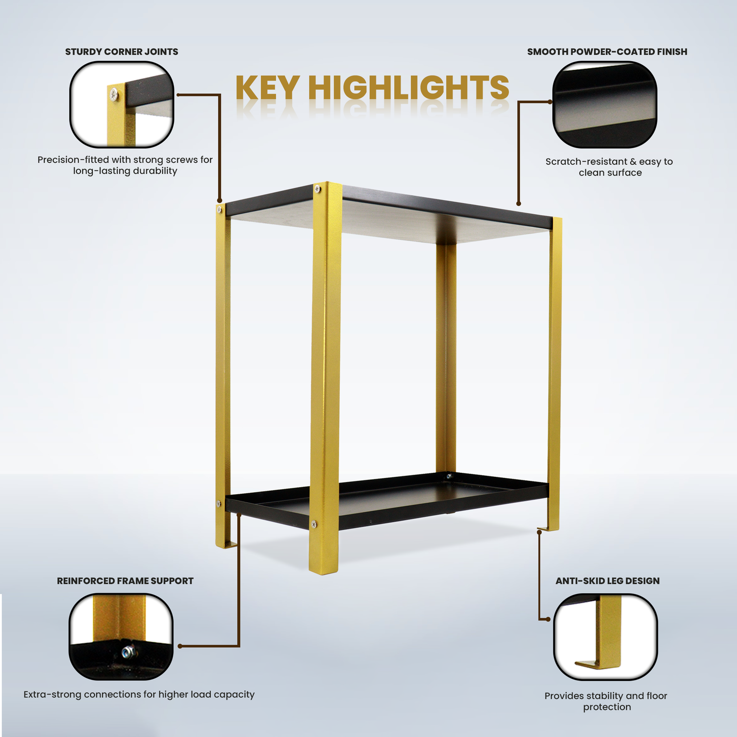Djuize Pooja Shelf for Home Temple|Elegant Pooja Rack Design with Golden Stem& Black Shelves|Small Puja Shelf|Pooja Stand Design|Pooja Shelf in Living Room|Puja Room Shelves| Pooja Almirah Design-Metal 2 tier Rack shelf Gold stem with black