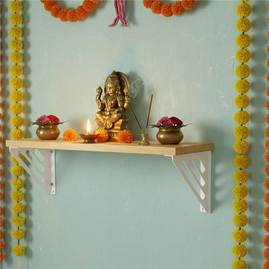 Wooden Pooja Shelf-Lines Brackets White (Lakdi Puja Shelf Safed)