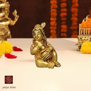 Brass Baby Krishna Statue Holding a Makhan Pot