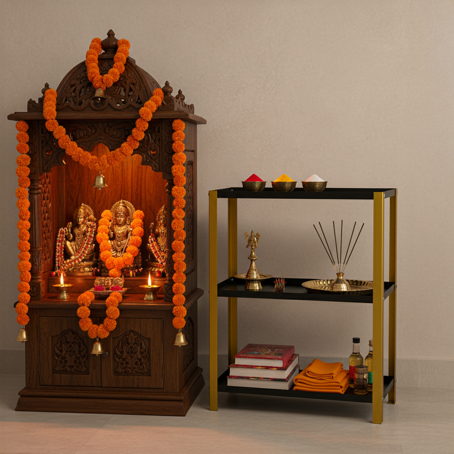Djuize Pooja Shelf for Home Temple|Elegant Pooja Rack Design with Golden Stem& Black Shelves|Small Puja Shelf|Pooja Stand Design|Pooja Shelf in Living Room|Puja Room Shelves| Pooja Almirah Design-Metal 3 tier Rack shelf Gold stem with black tray