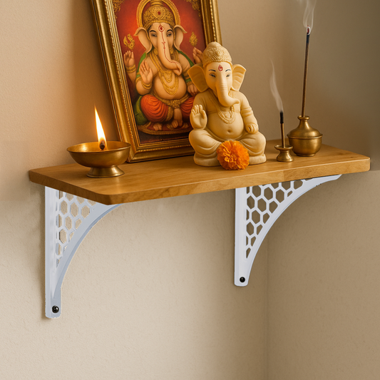 Wooden Pooja Shelf-Hexagon White (Lakdi Puja Shelf Safed)